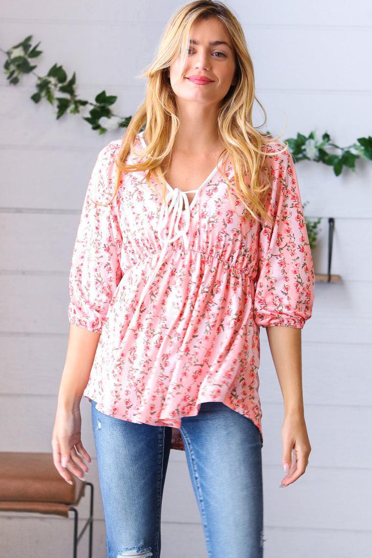 Pink Floral Stripe V Tie Neck Knit Top-Evelyns Fashion
