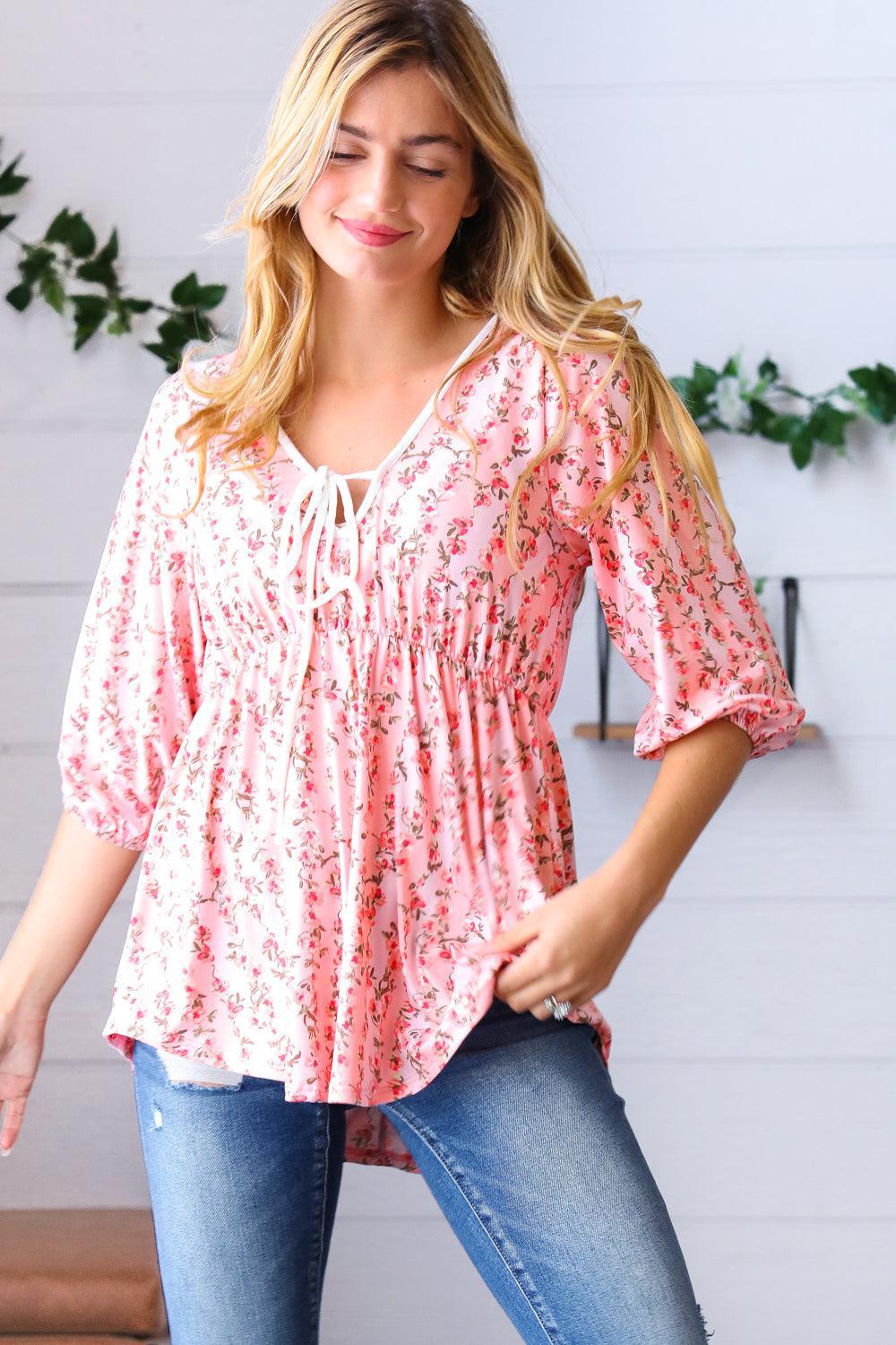 Pink Floral Stripe V Tie Neck Knit Top-Evelyns Fashion
