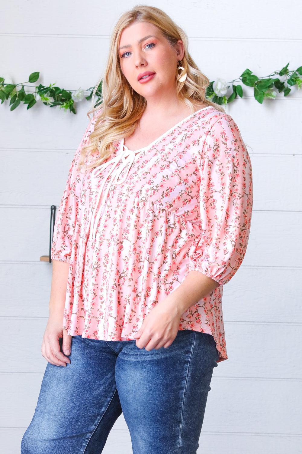 Pink Floral Stripe V Tie Neck Knit Top-Evelyns Fashion