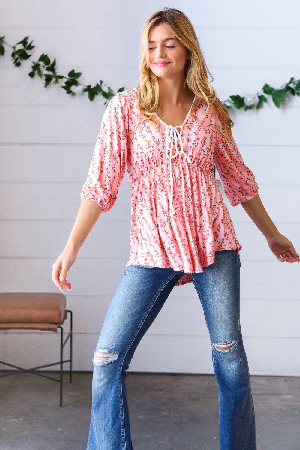 Pink Floral Stripe V Tie Neck Knit Top-Evelyns Fashion