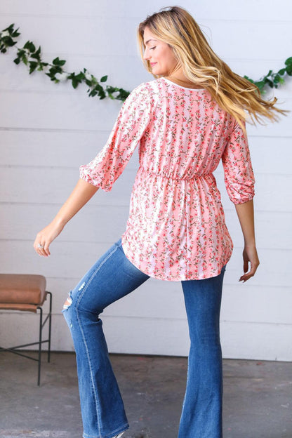 Pink Floral Stripe V Tie Neck Knit Top-Evelyns Fashion