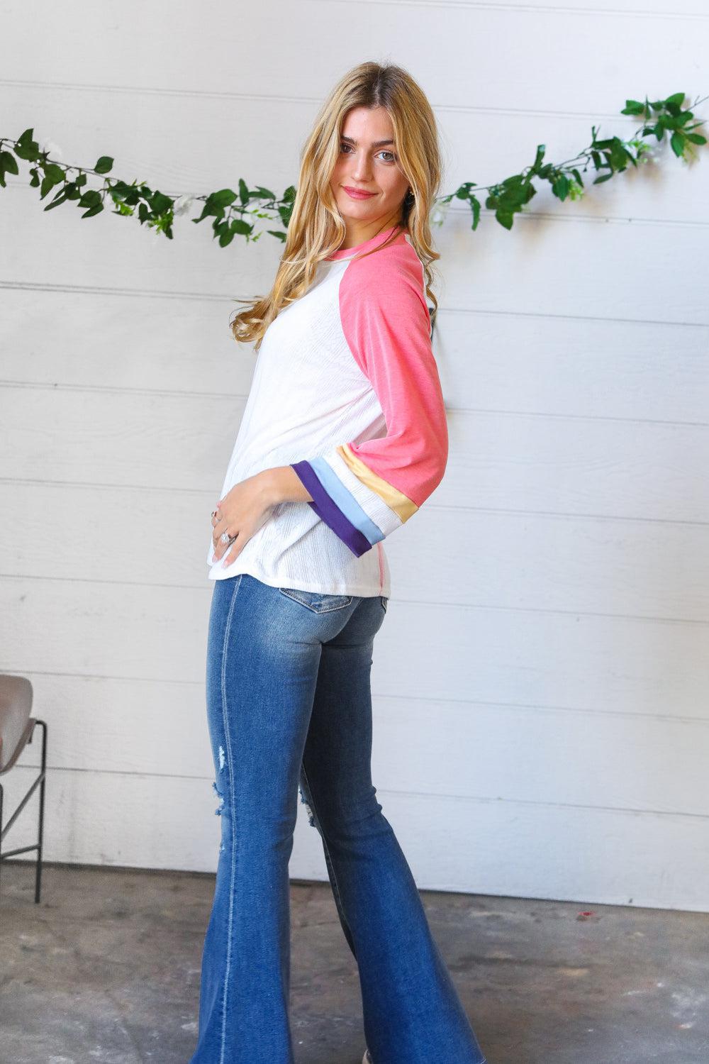 Pink Pointelle Color Block Wide Sleeve Pullover-Evelyns Fashion