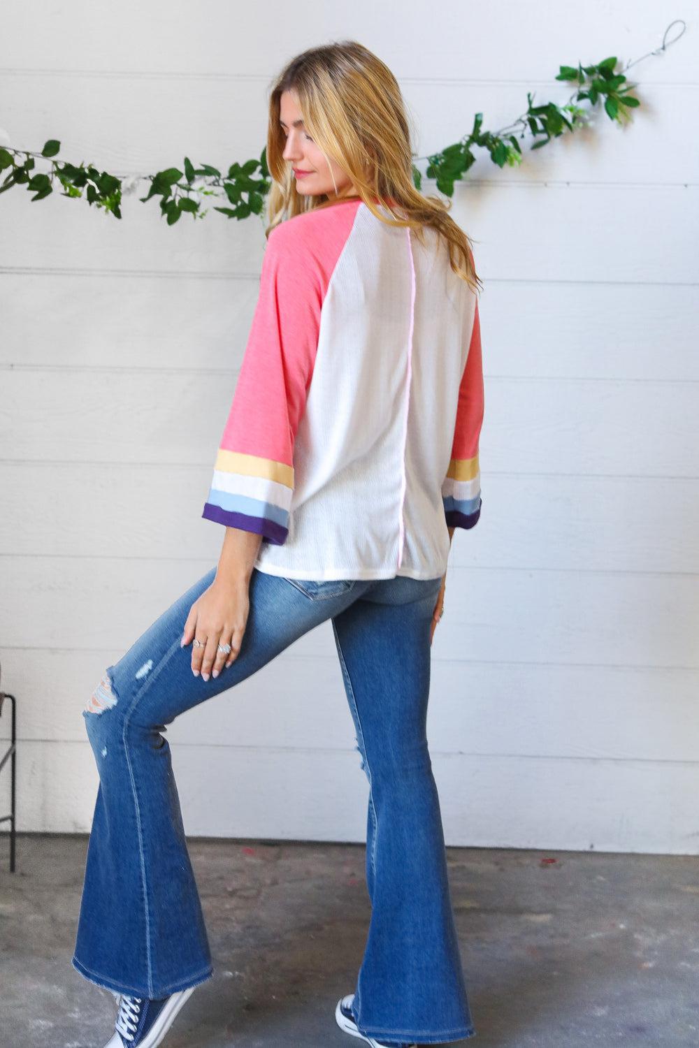 Pink Pointelle Color Block Wide Sleeve Pullover-Evelyns Fashion