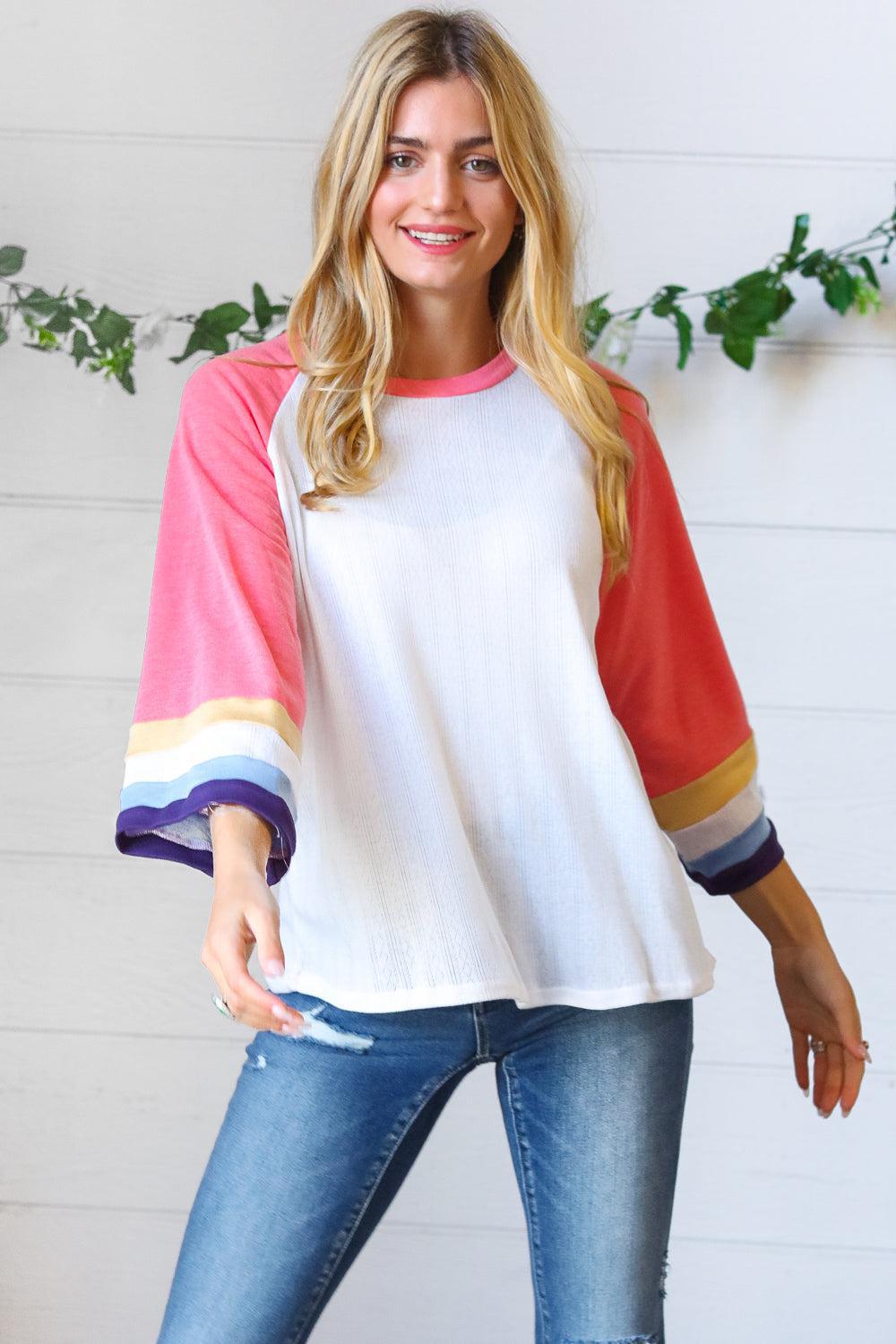 Pink Pointelle Color Block Wide Sleeve Pullover-Evelyns Fashion