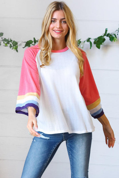 Pink Pointelle Color Block Wide Sleeve Pullover-Evelyns Fashion