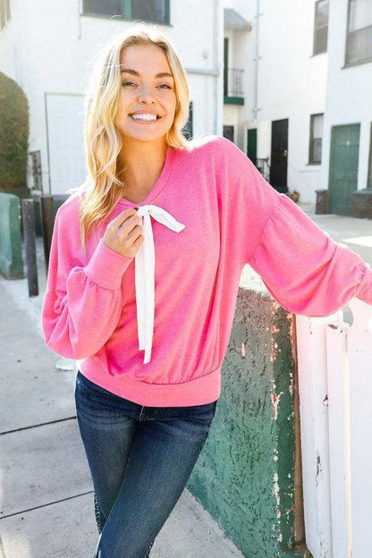 Pretty In Pink French Terry Bow Tie Drop Shoulder Pullover-Evelyns Fashion