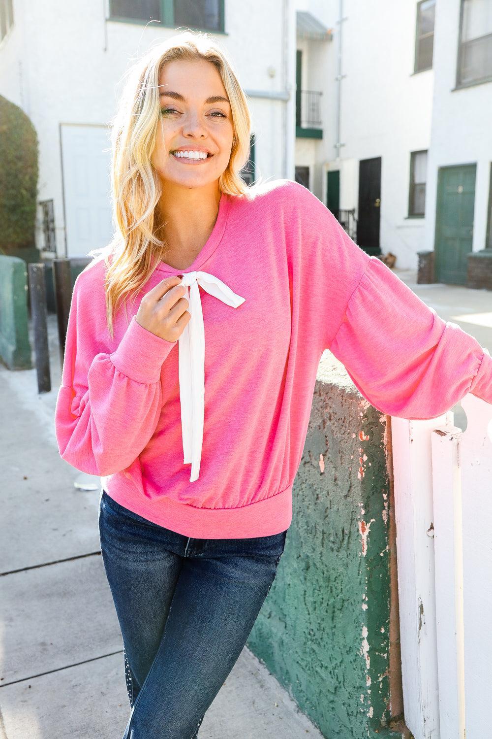 Pretty In Pink French Terry Bow Tie Drop Shoulder Pullover-Evelyns Fashion