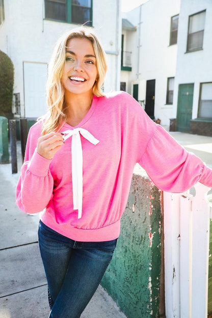 Pretty In Pink French Terry Bow Tie Drop Shoulder Pullover-Evelyns Fashion