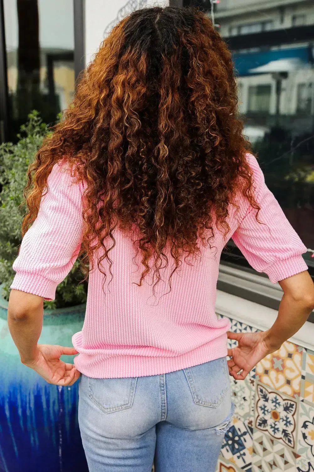 Pretty In Pink Puff Bubble Short Sleeve Wavy Rib Knit Top-Evelyns Fashion
