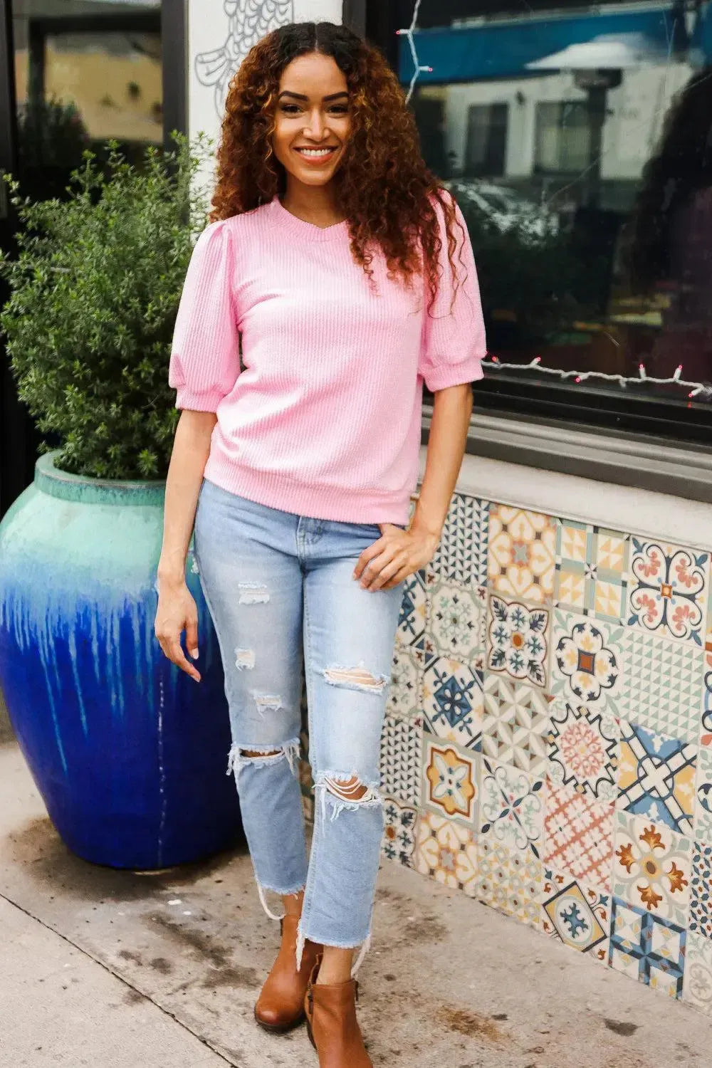 Pretty In Pink Puff Bubble Short Sleeve Wavy Rib Knit Top-Evelyns Fashion
