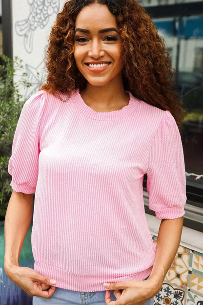 Pretty In Pink Puff Bubble Short Sleeve Wavy Rib Knit Top-Evelyns Fashion