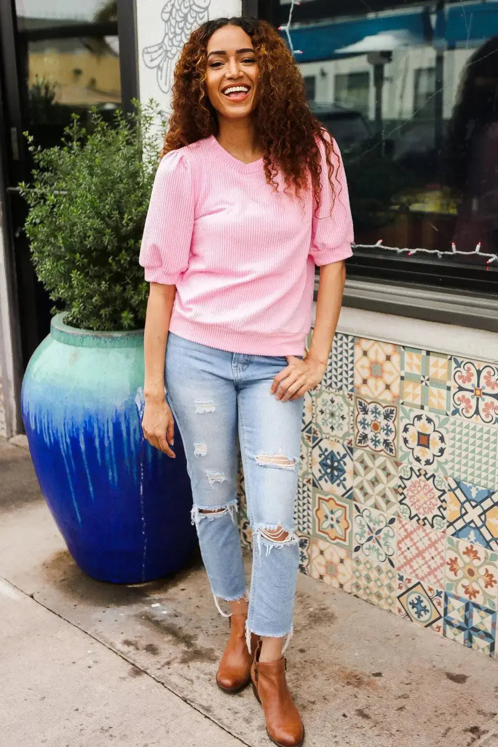 Pretty In Pink Puff Bubble Short Sleeve Wavy Rib Knit Top-Evelyns Fashion