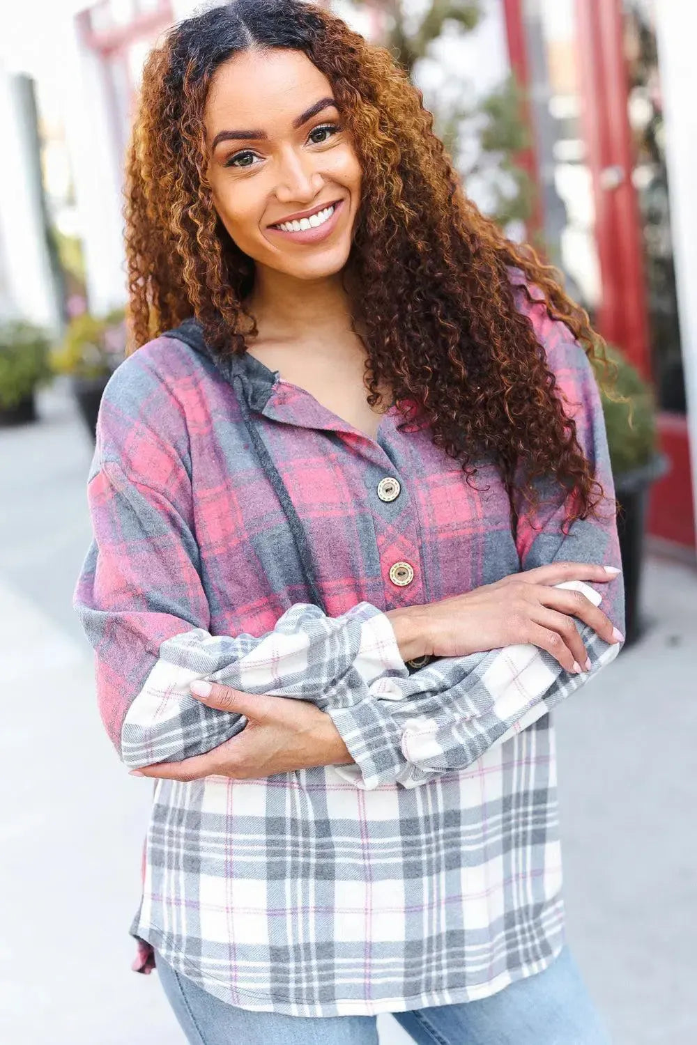 Pretty in Plaid Brushed Hacci Color Block Hoodie-Evelyns Fashion
