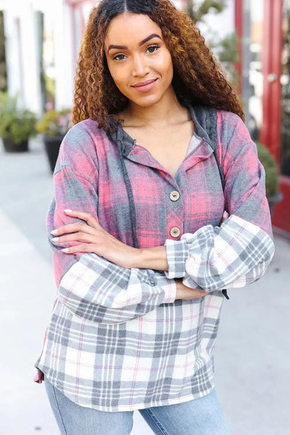 Pretty in Plaid Brushed Hacci Color Block Hoodie-Evelyns Fashion
