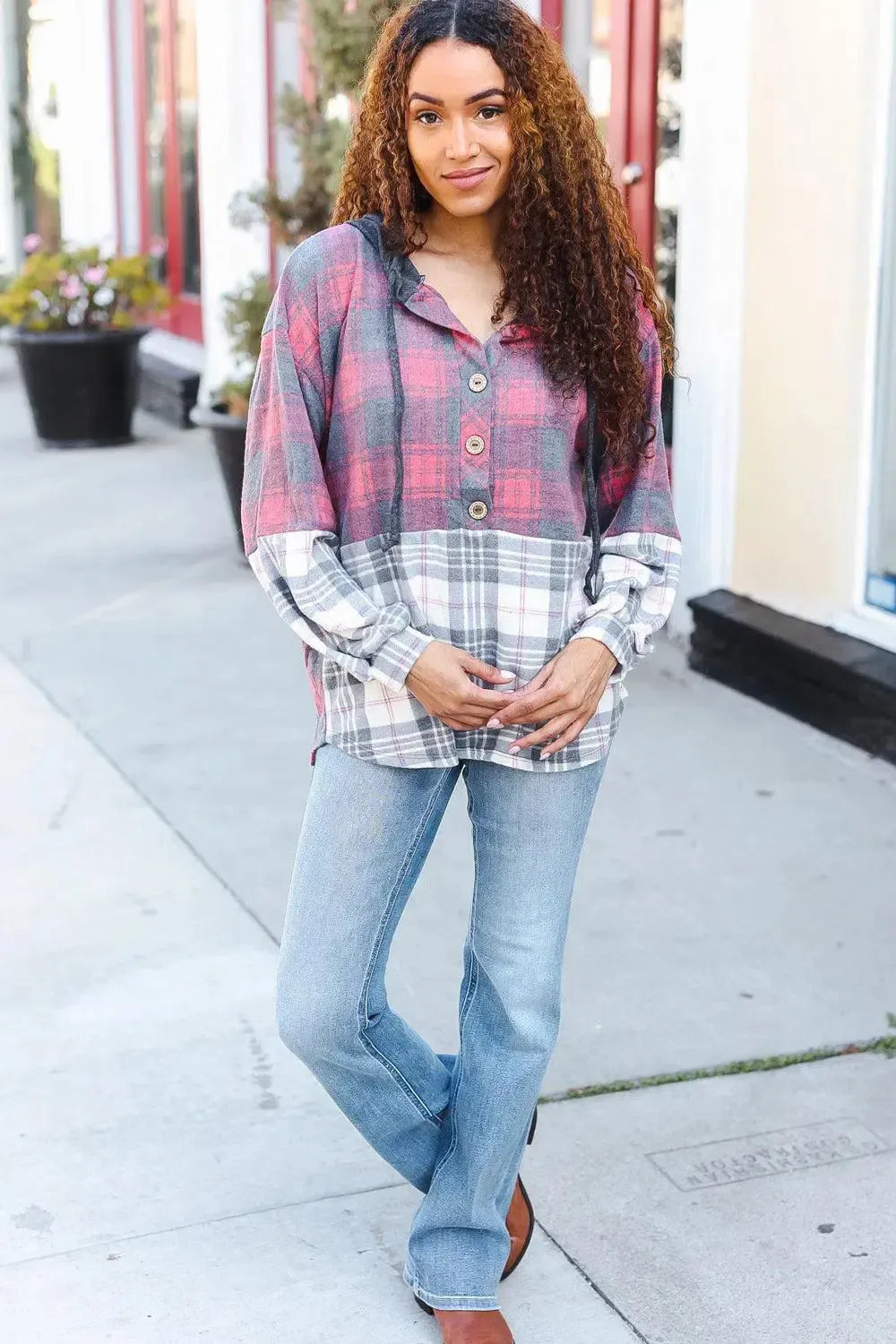 Pretty in Plaid Brushed Hacci Color Block Hoodie-Evelyns Fashion