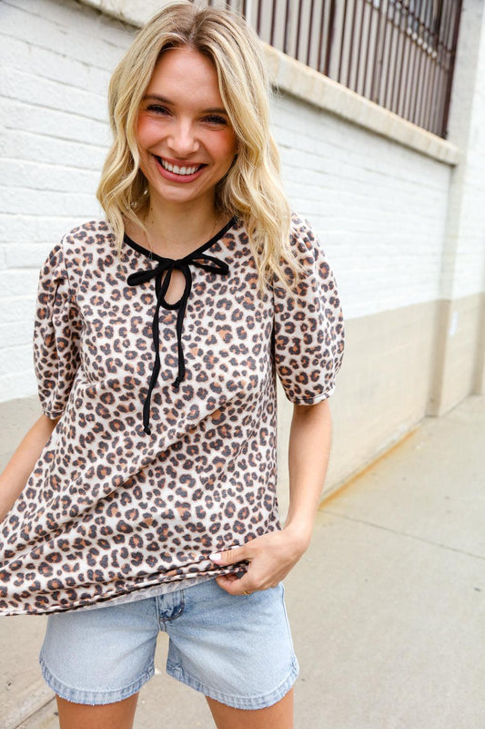 Print Collar Tie Front Top-Blouses-Evelyns Fashion