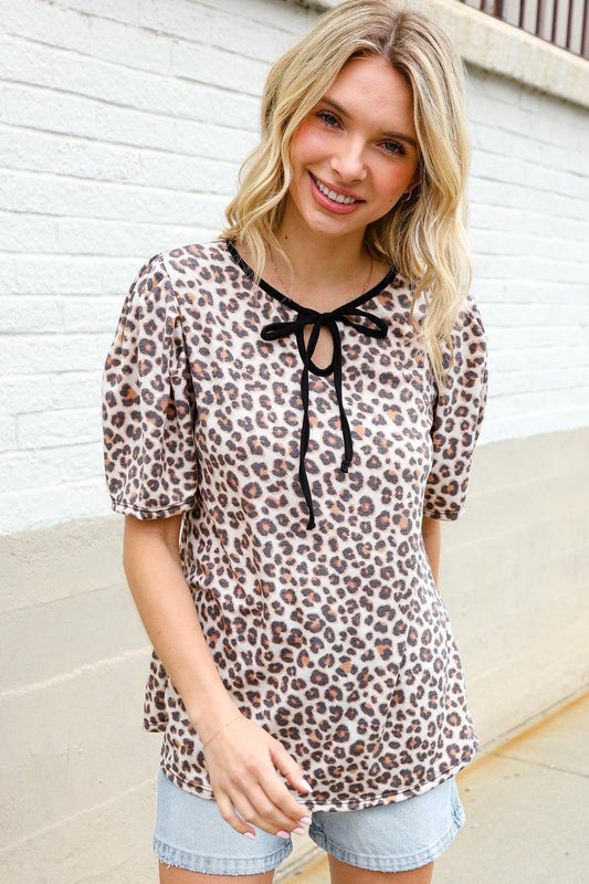 Print Collar Tie Front Top-Blouses-Evelyns Fashion