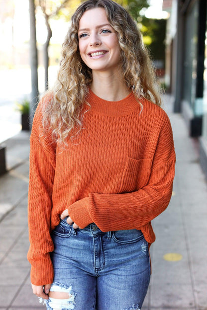 Pumpkin Spice Mock Neck Chest Pocket Knit Sweater-Evelyns Fashion