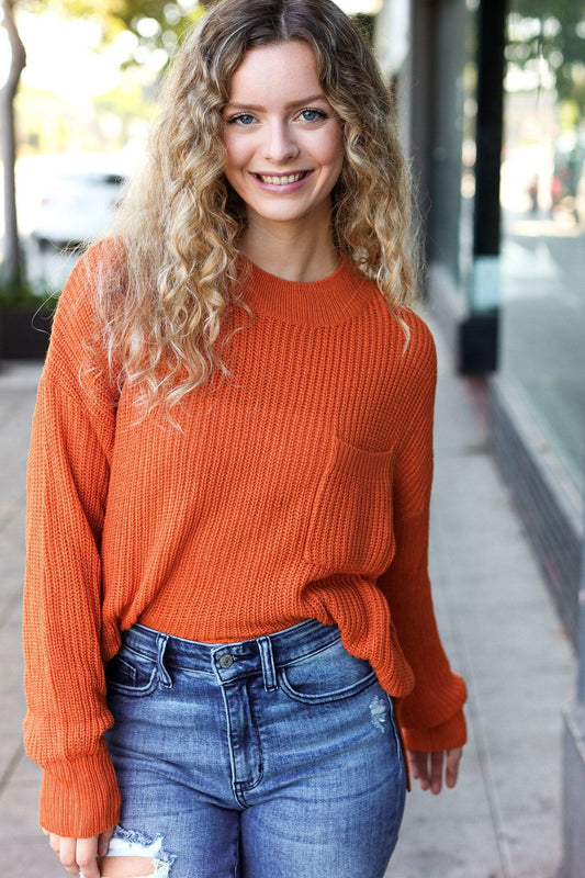 Pumpkin Spice Mock Neck Chest Pocket Knit Sweater-Evelyns Fashion
