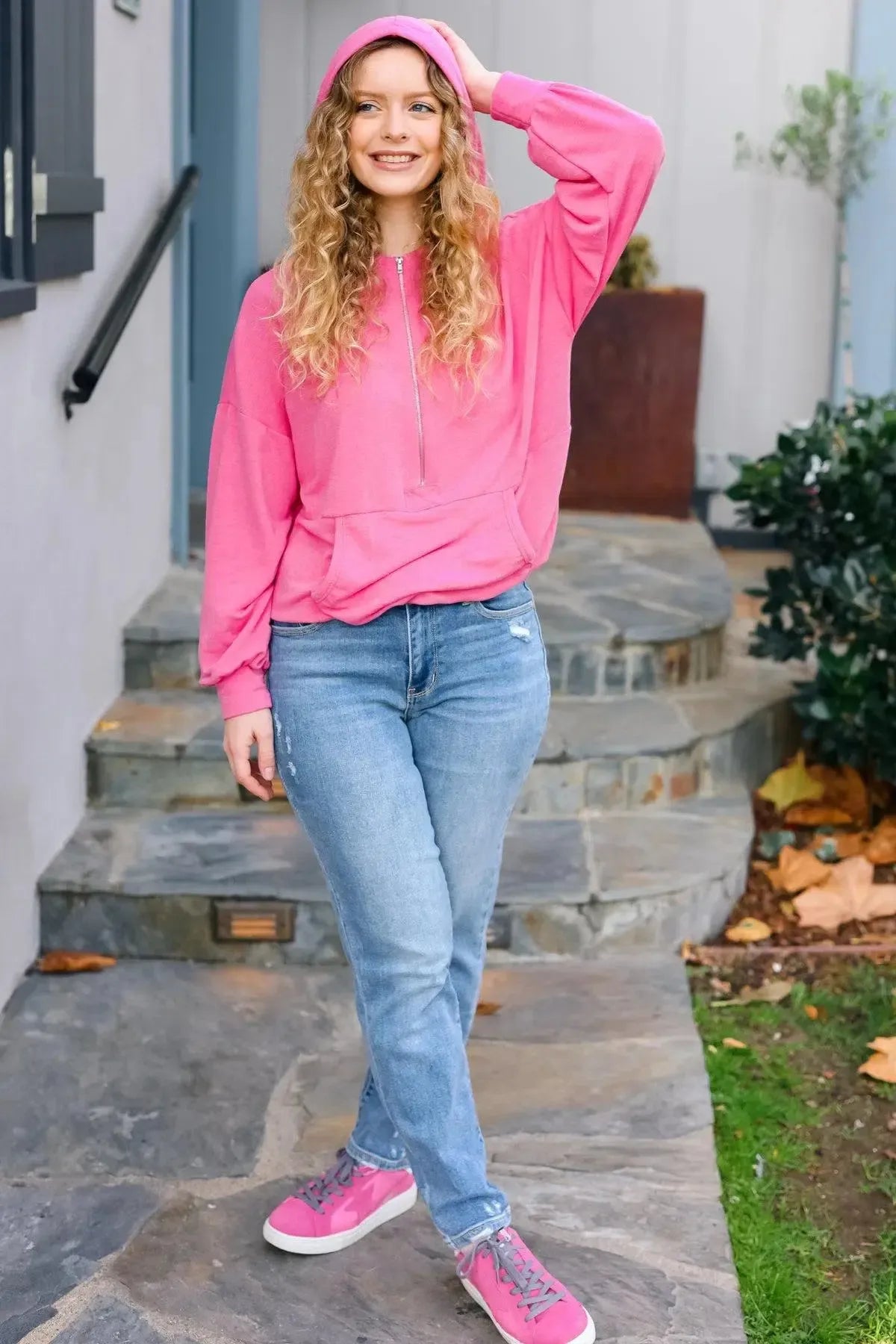 Ready to Relax Hot Pink Half Zip French Terry Hoodie-Evelyns Fashion