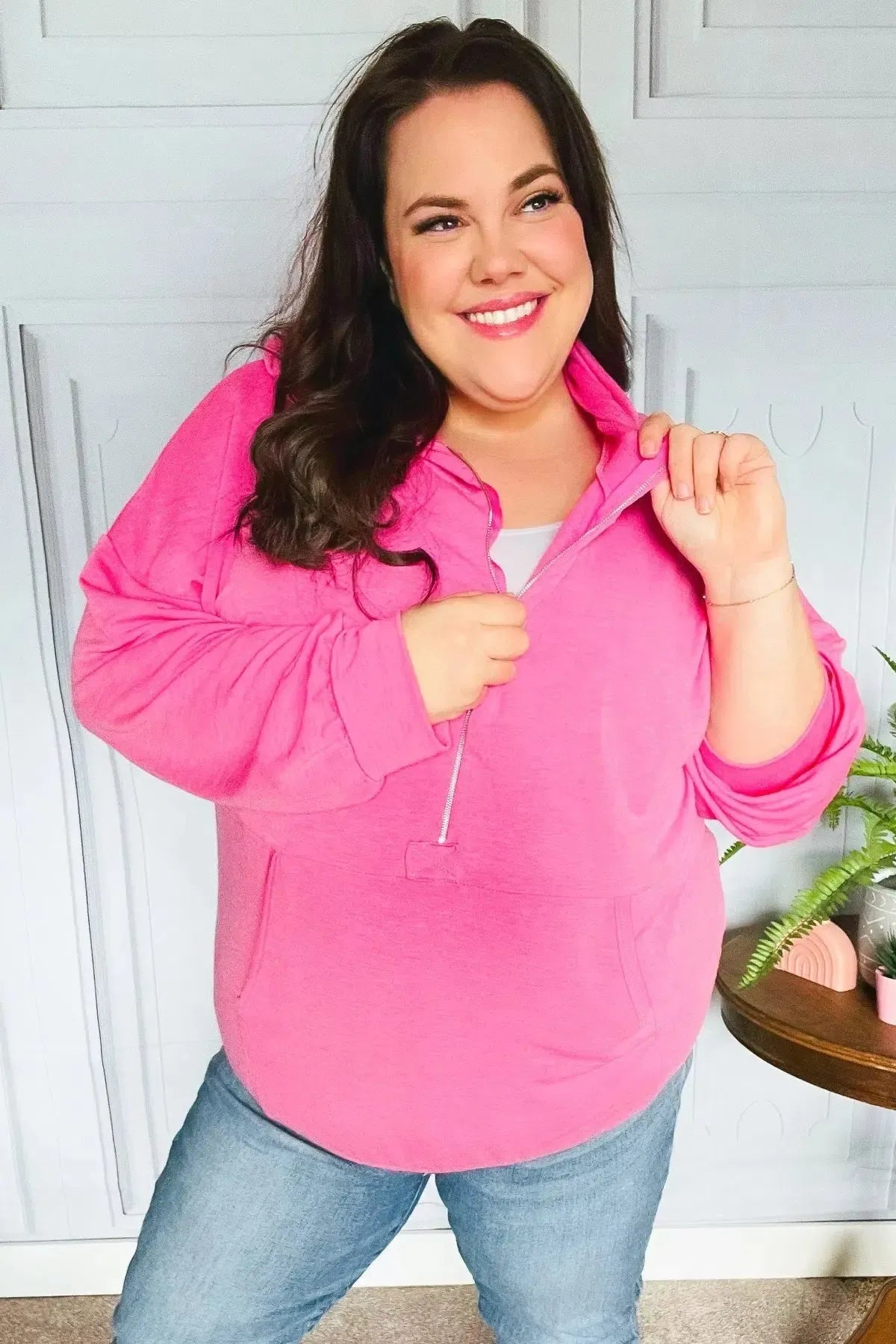 Ready to Relax Hot Pink Half Zip French Terry Hoodie-Evelyns Fashion