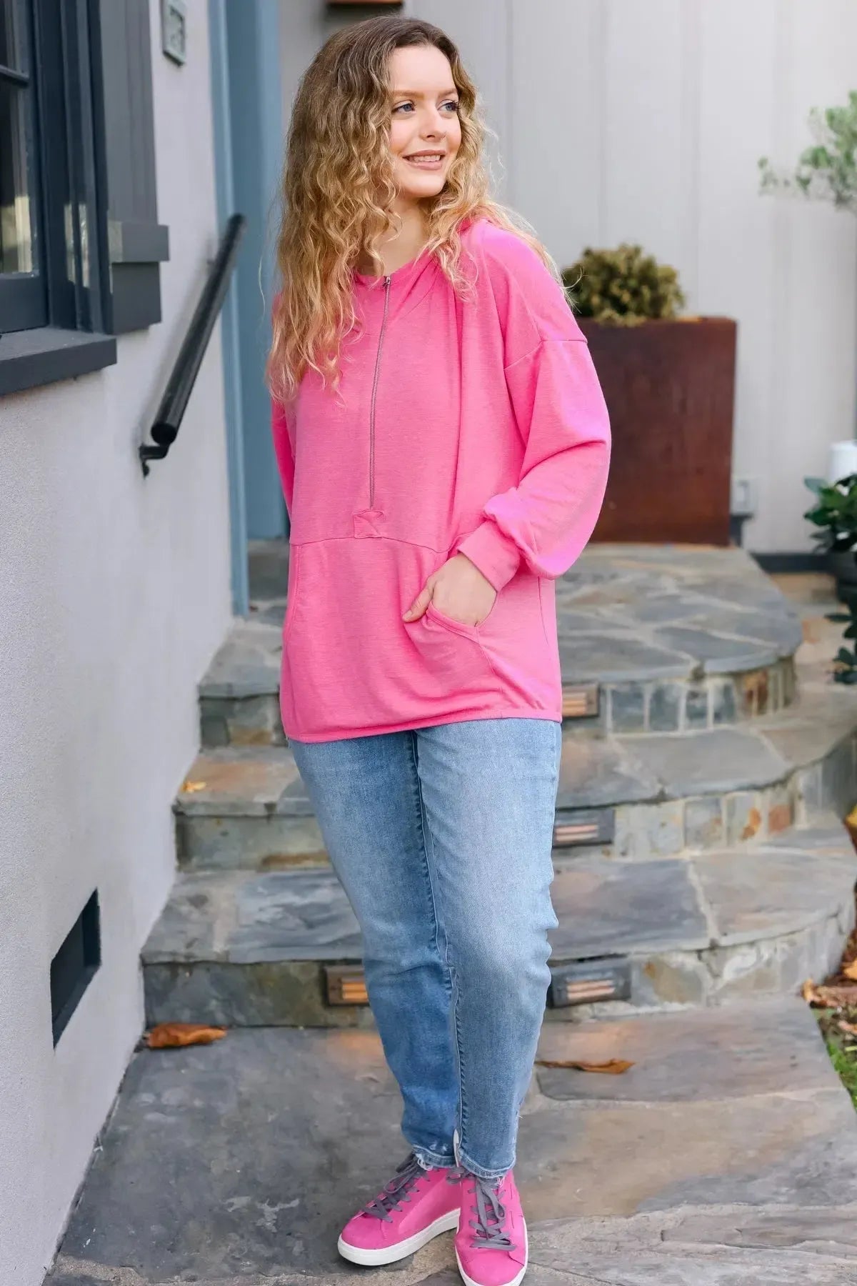 Ready to Relax Hot Pink Half Zip French Terry Hoodie-Evelyns Fashion