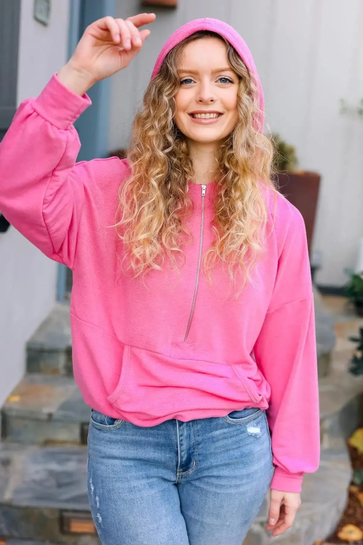 Ready to Relax Hot Pink Half Zip French Terry Hoodie-Evelyns Fashion