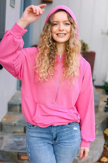 Ready to Relax Hot Pink Half Zip French Terry Hoodie-Evelyns Fashion