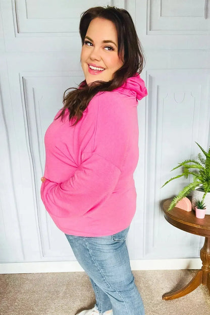 Ready to Relax Hot Pink Half Zip French Terry Hoodie-Evelyns Fashion