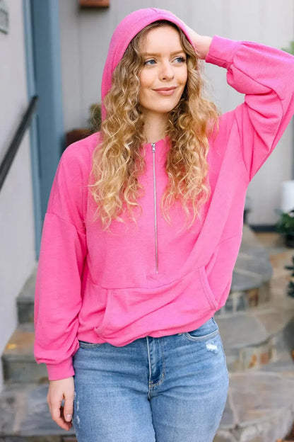 Ready to Relax Hot Pink Half Zip French Terry Hoodie-Evelyns Fashion