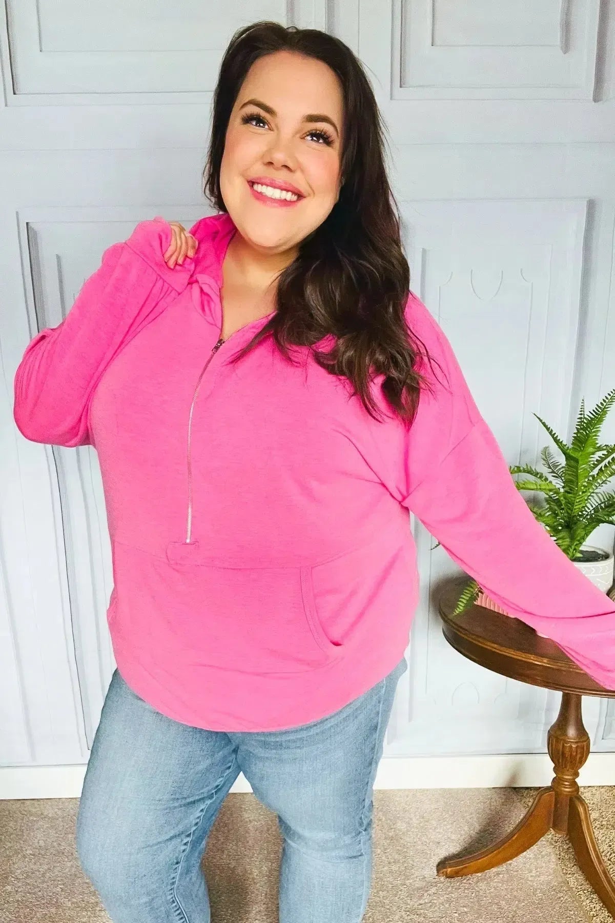 Ready to Relax Hot Pink Half Zip French Terry Hoodie-Evelyns Fashion