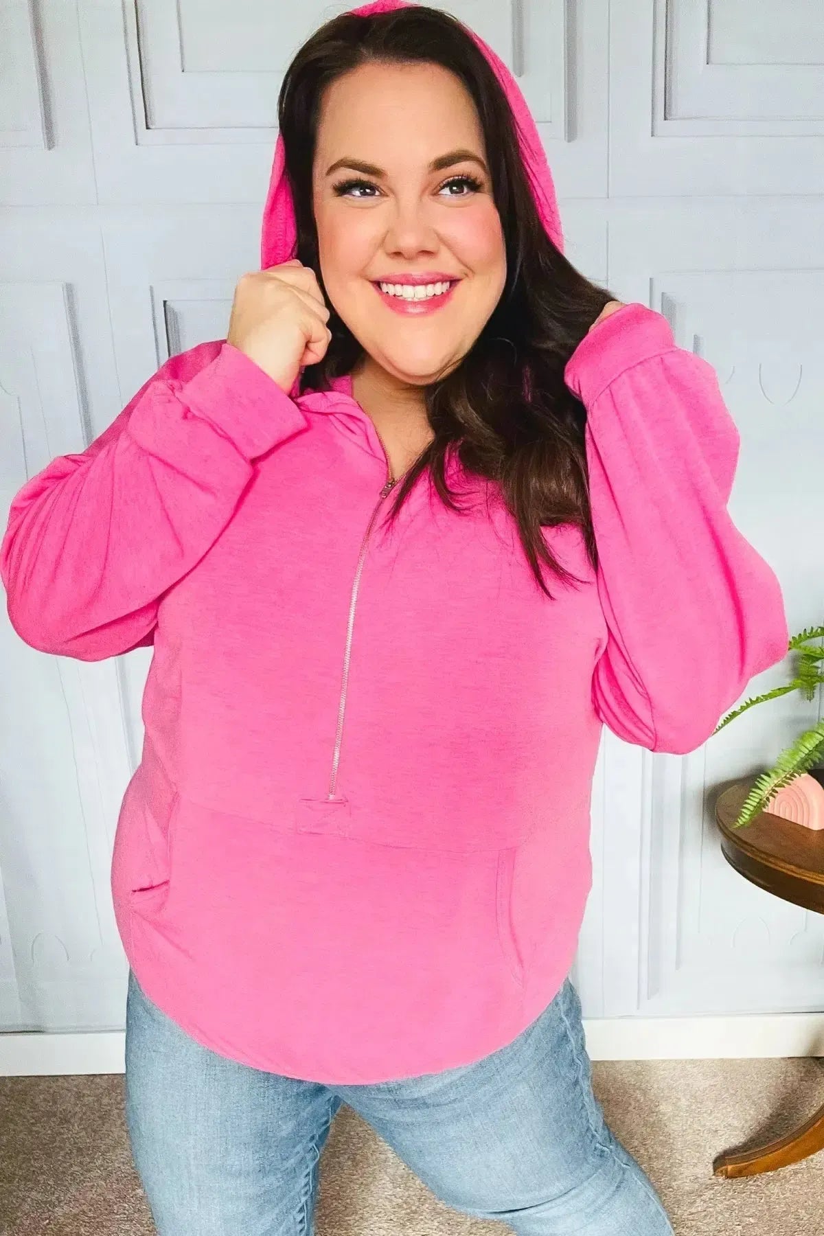 Ready to Relax Hot Pink Half Zip French Terry Hoodie-Evelyns Fashion