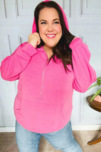 Ready to Relax Hot Pink Half Zip French Terry Hoodie-Evelyns Fashion