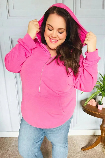 Ready to Relax Hot Pink Half Zip French Terry Hoodie-Evelyns Fashion