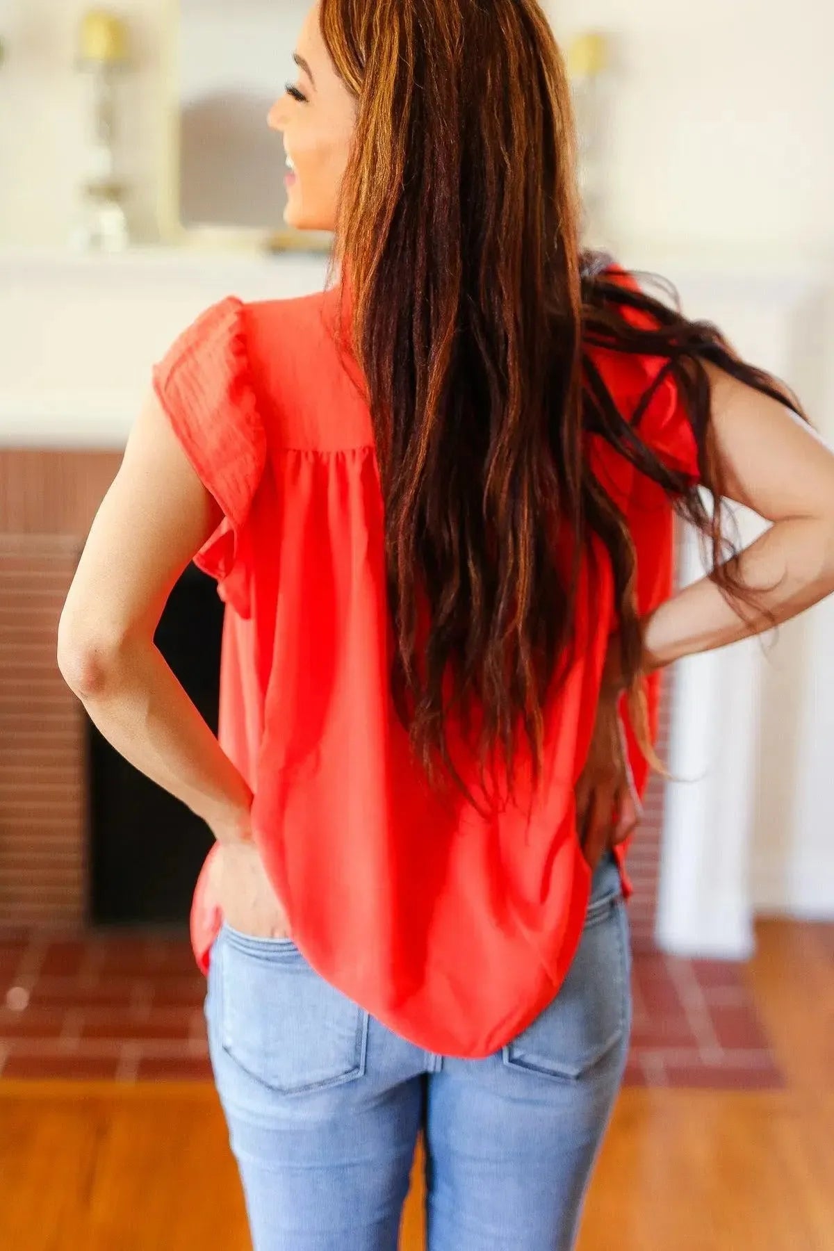 Red-Orange Mock Neck Flutter Sleeve Top-Evelyns Fashion