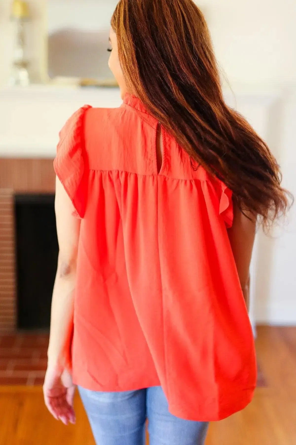Red-Orange Mock Neck Flutter Sleeve Top-Evelyns Fashion