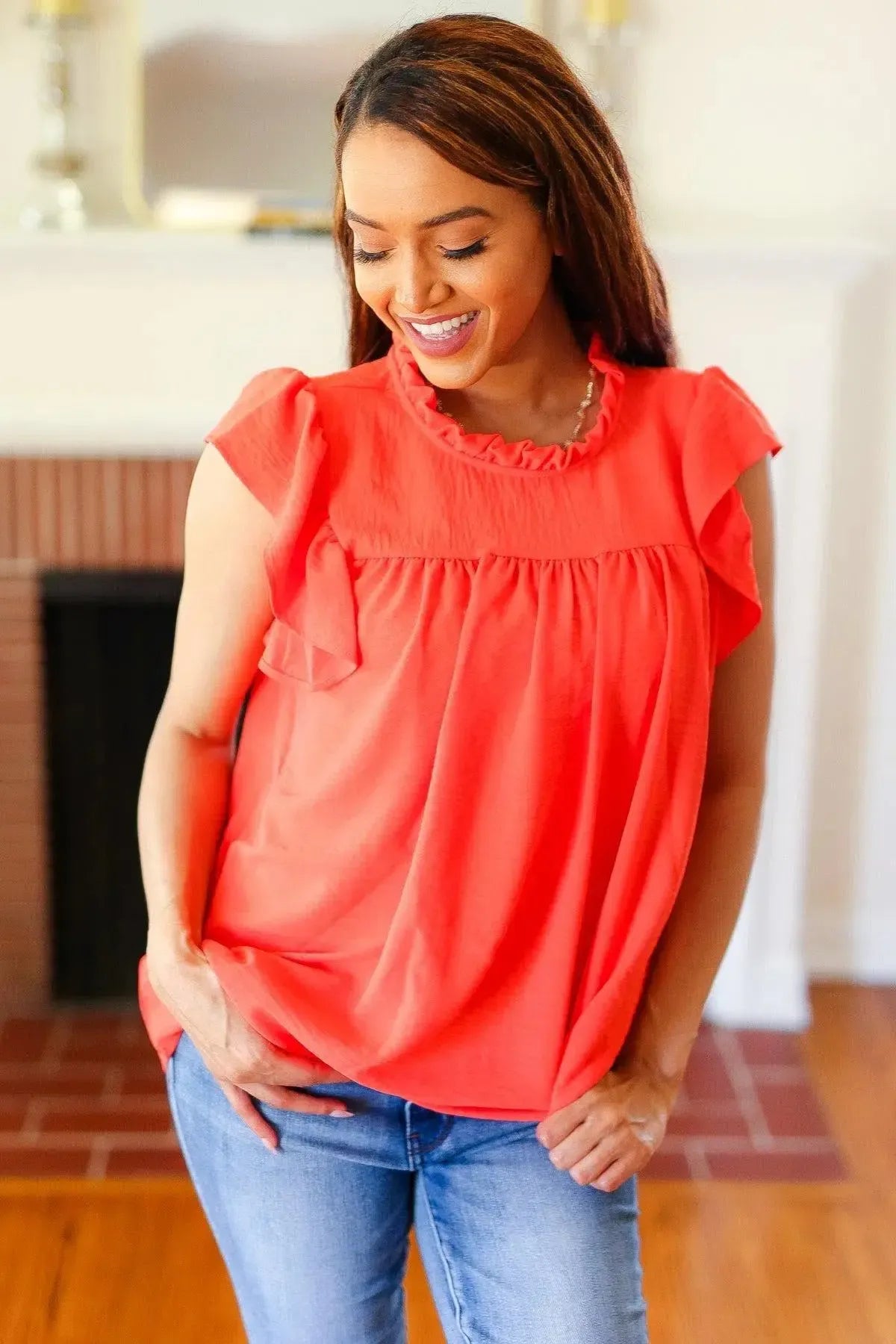 Red-Orange Mock Neck Flutter Sleeve Top-Evelyns Fashion