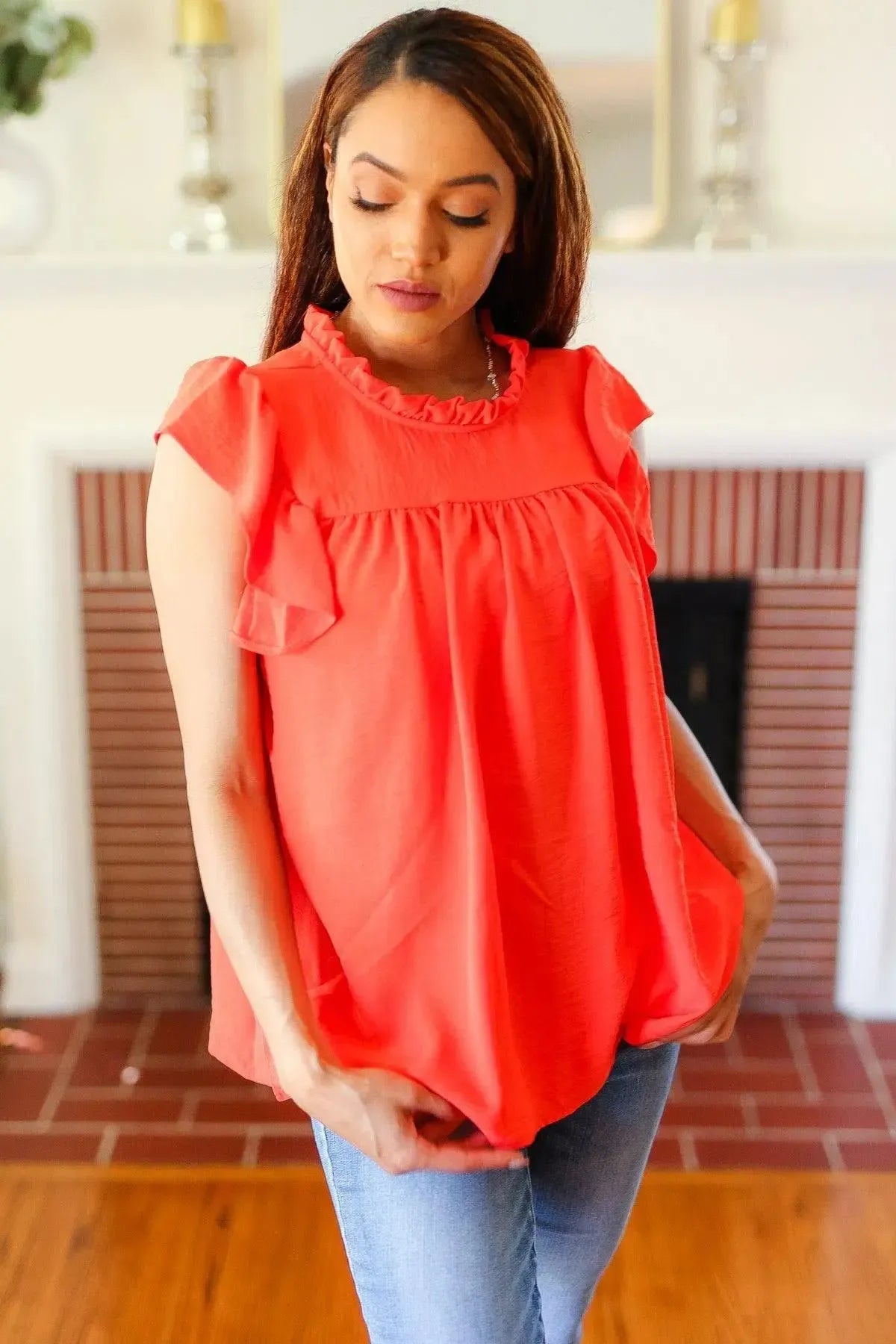 Red-Orange Mock Neck Flutter Sleeve Top-Evelyns Fashion