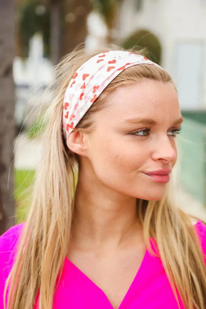 Red & Pink Heart Print Stretchy Twist Headband-accessor-Evelyns Fashion