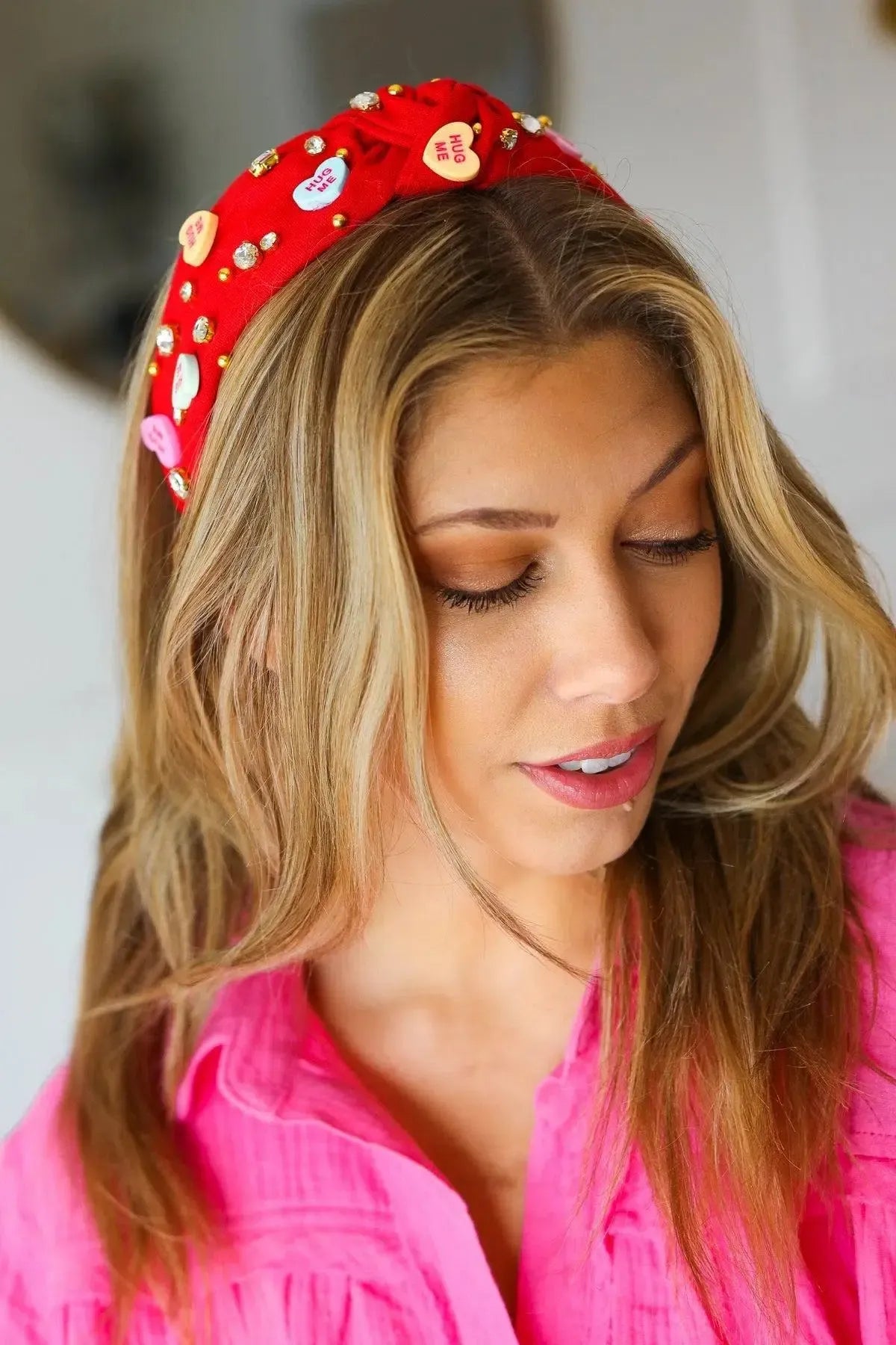 Red Rhinestone & Candy Hearts Top Knot Headband-Evelyns Fashion