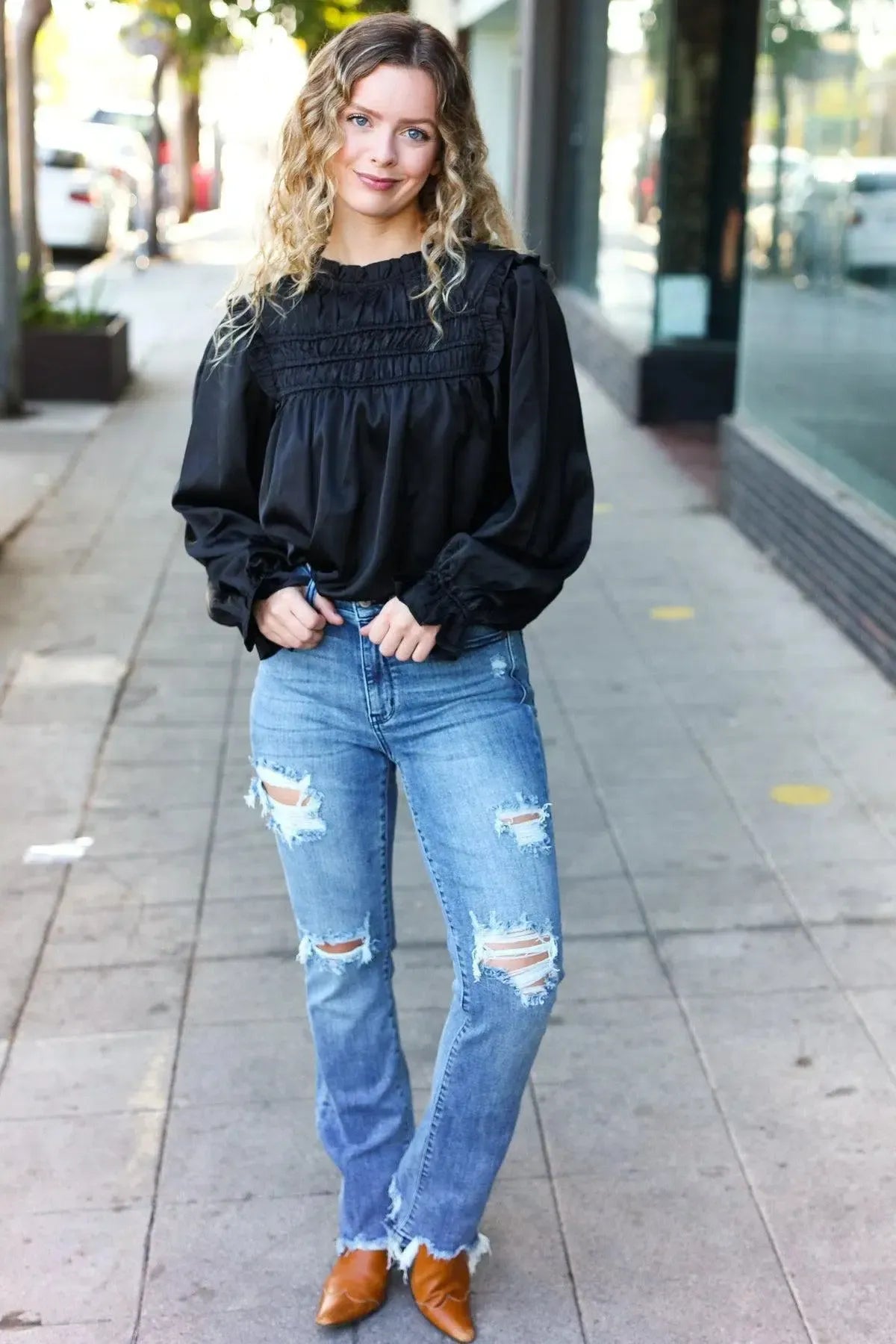 Refined Elegance: Black Satin Shirred Yoke Frilled Mock Neck Top-Evelyns Fashion