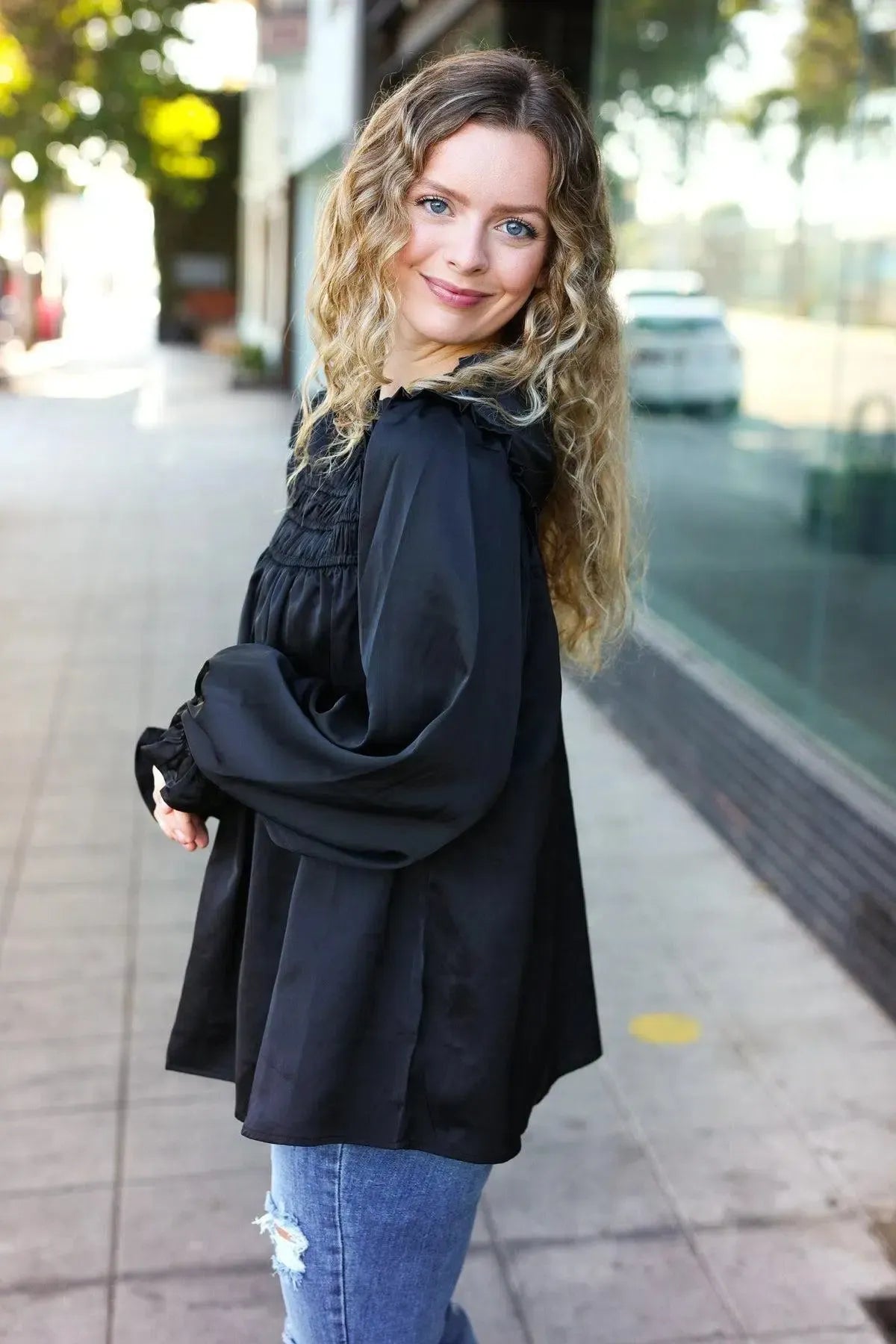Refined Elegance: Black Satin Shirred Yoke Frilled Mock Neck Top-Evelyns Fashion