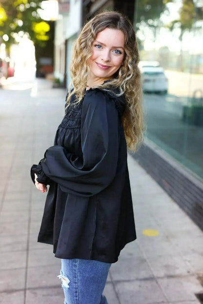 Refined Elegance: Black Satin Shirred Yoke Frilled Mock Neck Top-Evelyns Fashion