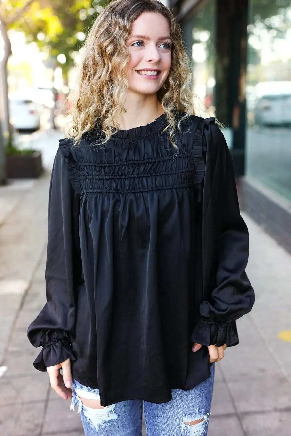 Refined Elegance: Black Satin Shirred Yoke Frilled Mock Neck Top-Evelyns Fashion