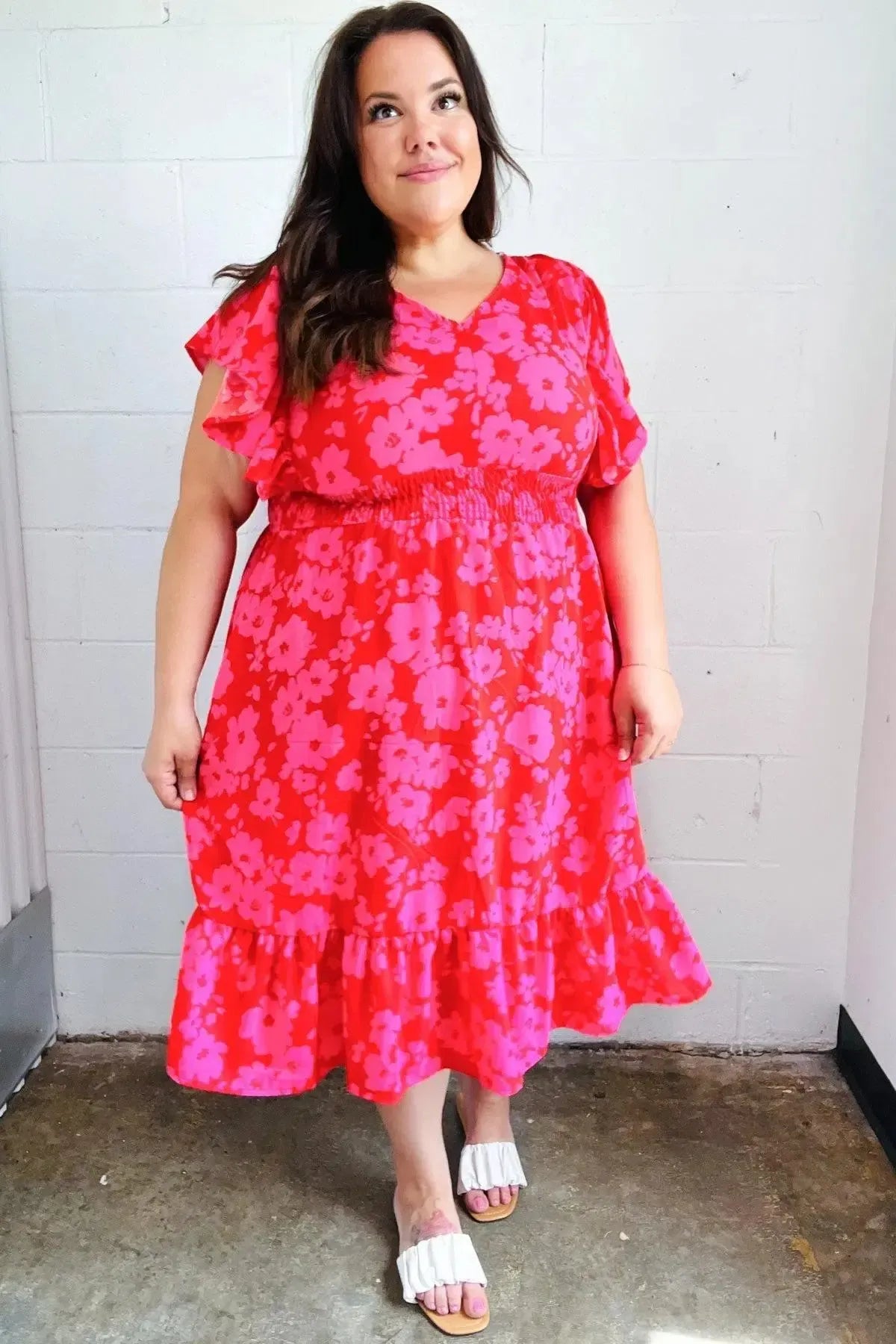 Remember Me Red & Pink Floral Print Smocked Waist Midi Dress-Evelyns Fashion