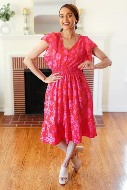 Remember Me Red & Pink Floral Print Smocked Waist Midi Dress-Evelyns Fashion