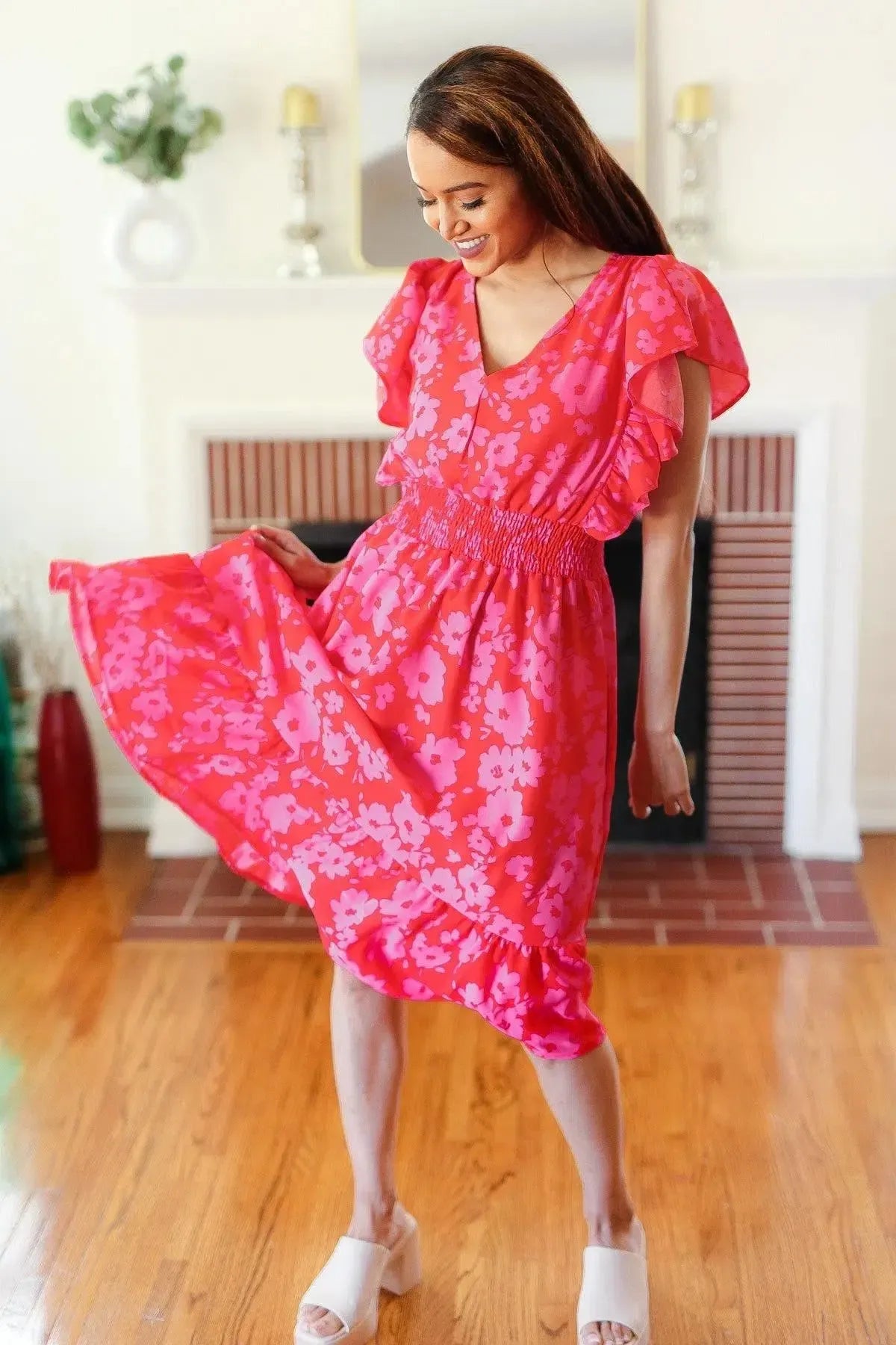 Remember Me Red & Pink Floral Print Smocked Waist Midi Dress-Evelyns Fashion