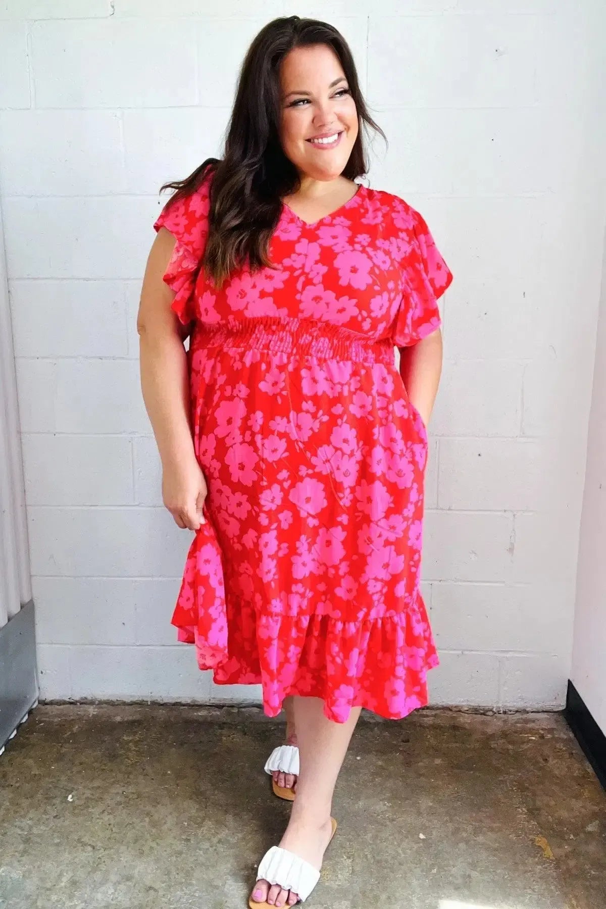 Remember Me Red & Pink Floral Print Smocked Waist Midi Dress-Evelyns Fashion