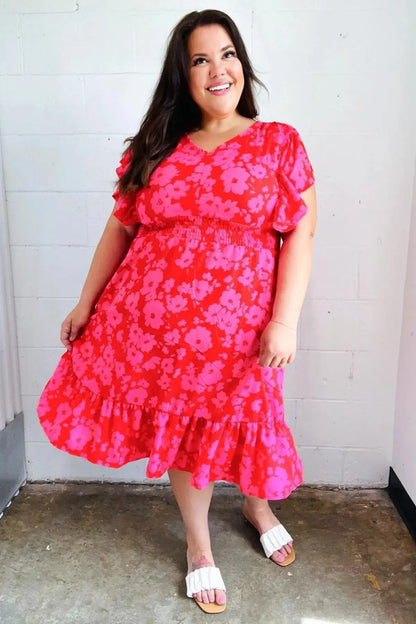 Remember Me Red & Pink Floral Print Smocked Waist Midi Dress-Evelyns Fashion