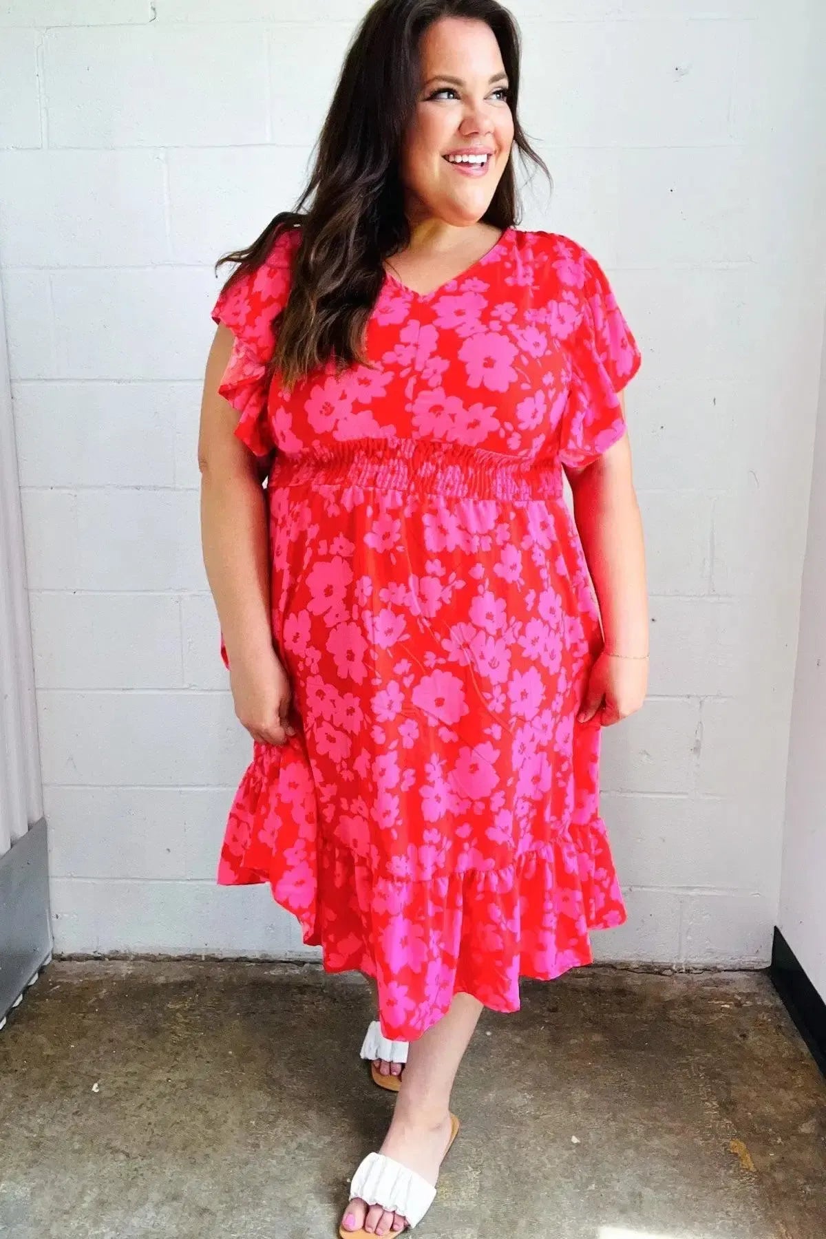 Remember Me Red & Pink Floral Print Smocked Waist Midi Dress-Evelyns Fashion